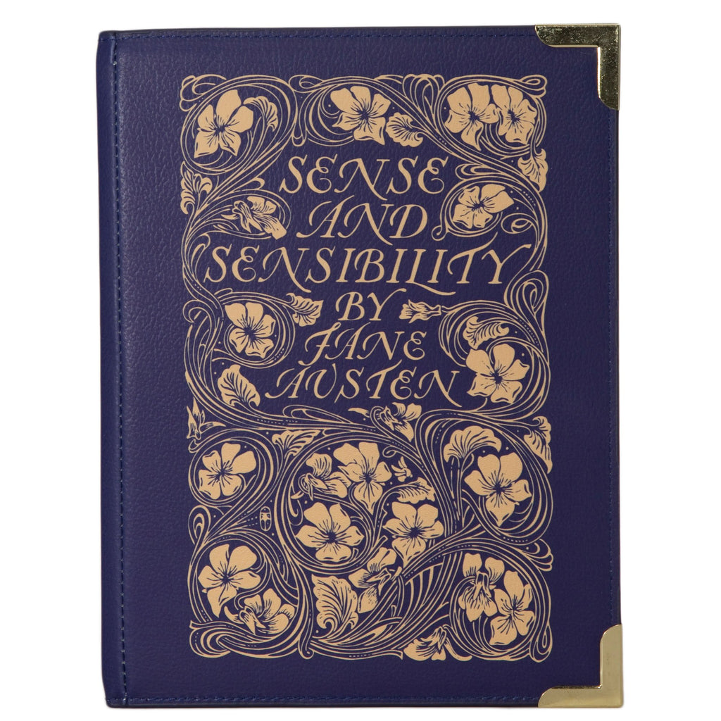 Sense and Sensibility Blue Handbag by Jane Austen with Ornate Gold Flower design, by Well Read Co. - Front