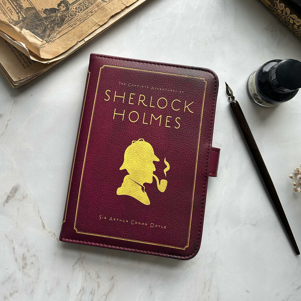 Sherlock Holmes Kindle Case: Burgundy Silhouette Design by Well Read Co. - Flatlay