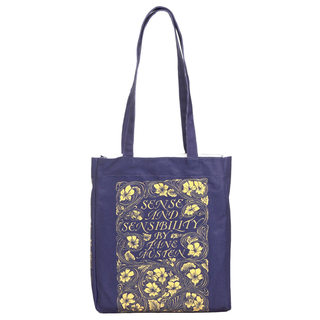 Sense and Sensibility Blue Tote Bag by Jane Austen featuring Gold Flower design, by Well Read Co. - Front