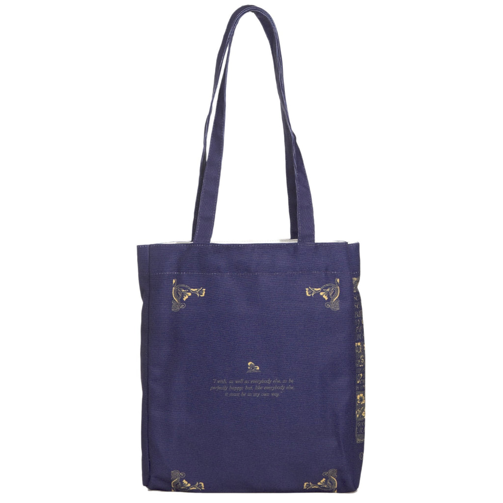 Sense and Sensibility Blue Tote Bag by Jane Austen featuring Gold Flower design, by Well Read Co. - Back