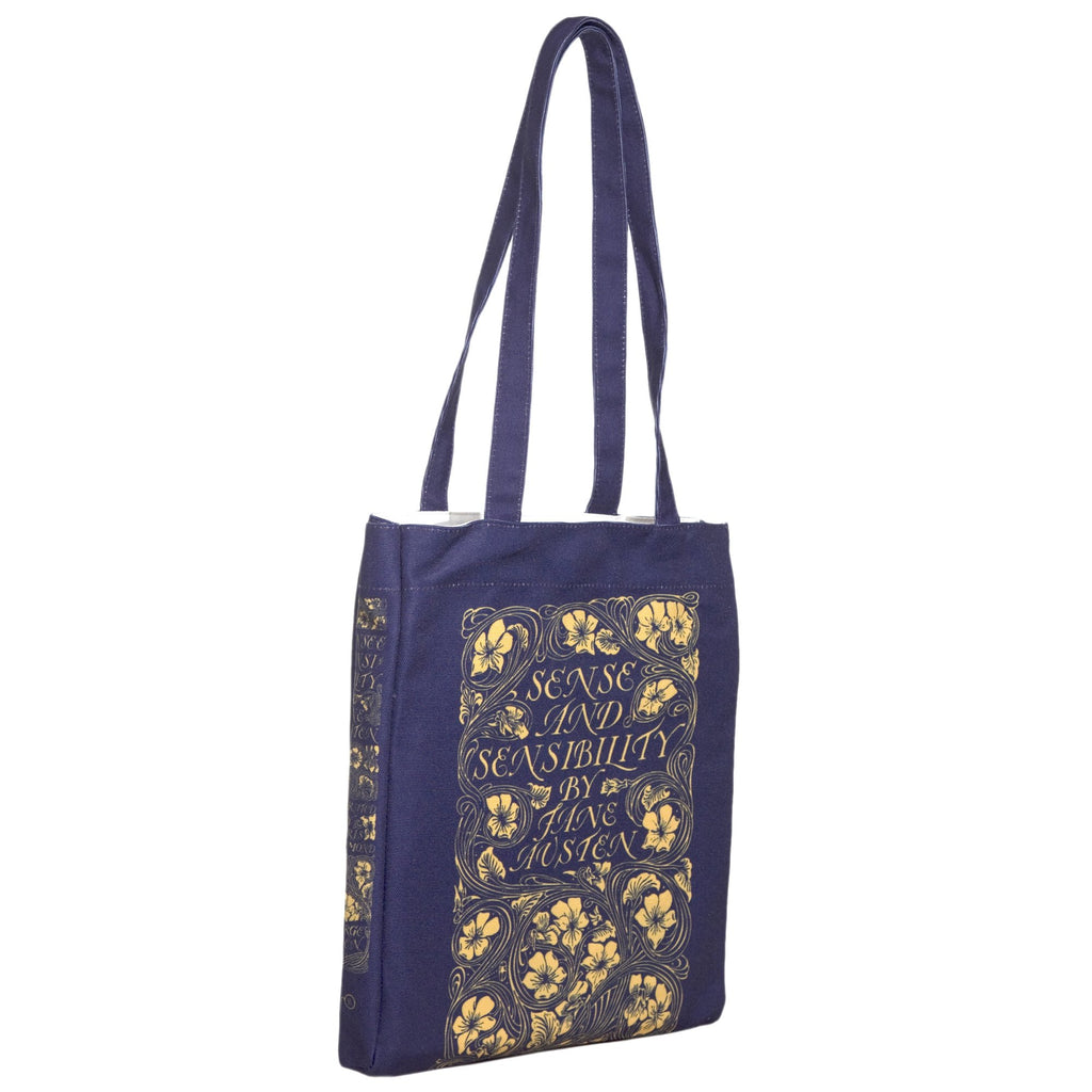 Sense and Sensibility Blue Tote Bag by Jane Austen featuring Gold Flower design, by Well Read Co. - Side