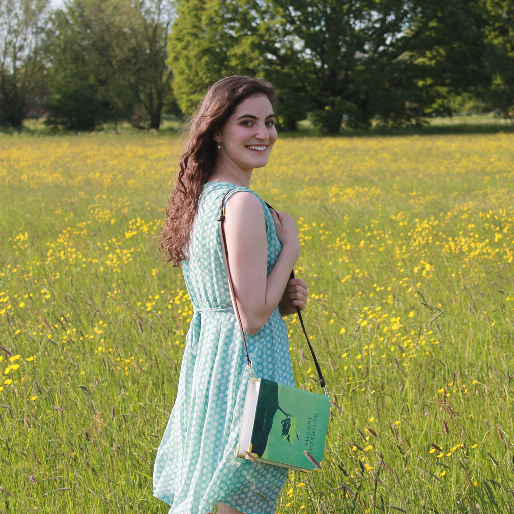 Wuthering Heights Green Crossbody Purse by Emily Brontë featuring Lonesome Tree design, by Well Read Co. - Model Side